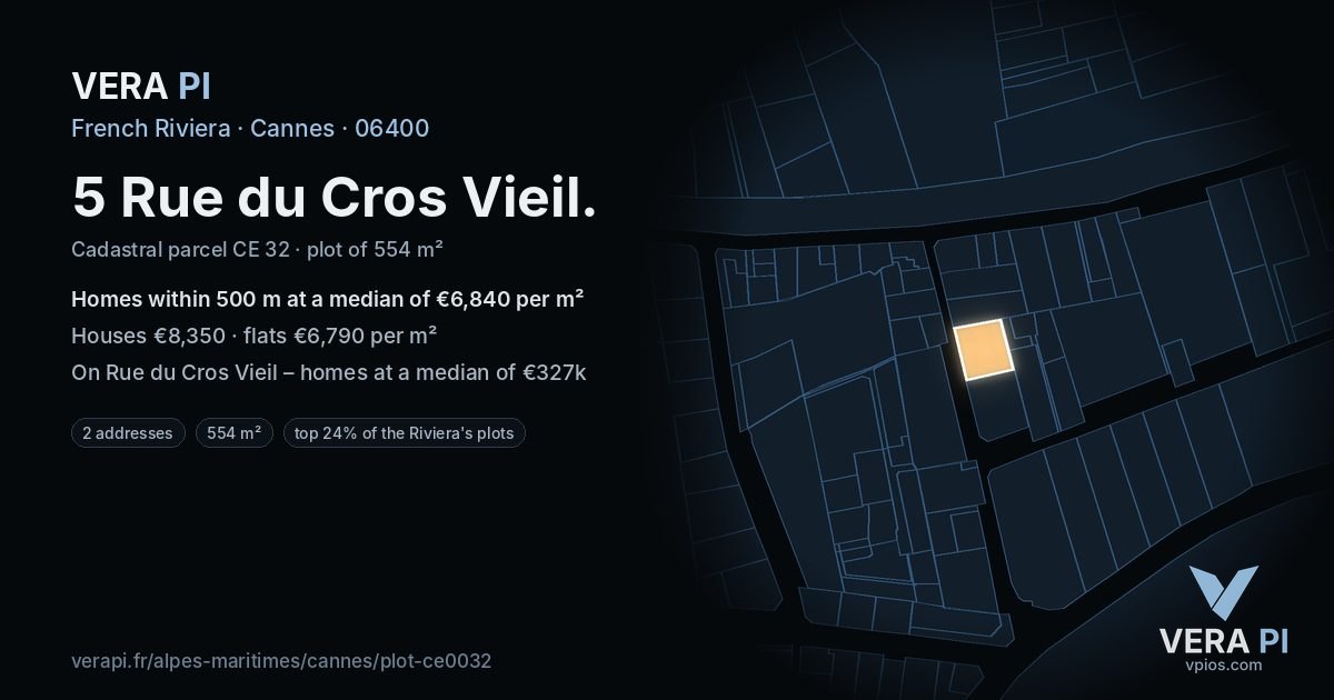 5 Rue du Cros Vieil, Cannes at night – the plot lit, the parcels around coloured by the prices near them
