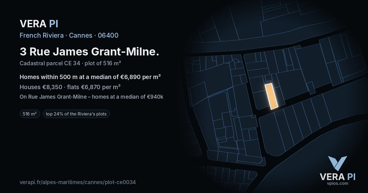3 Rue James Grant-Milne, Cannes at night – the plot lit, the parcels around coloured by the prices near them