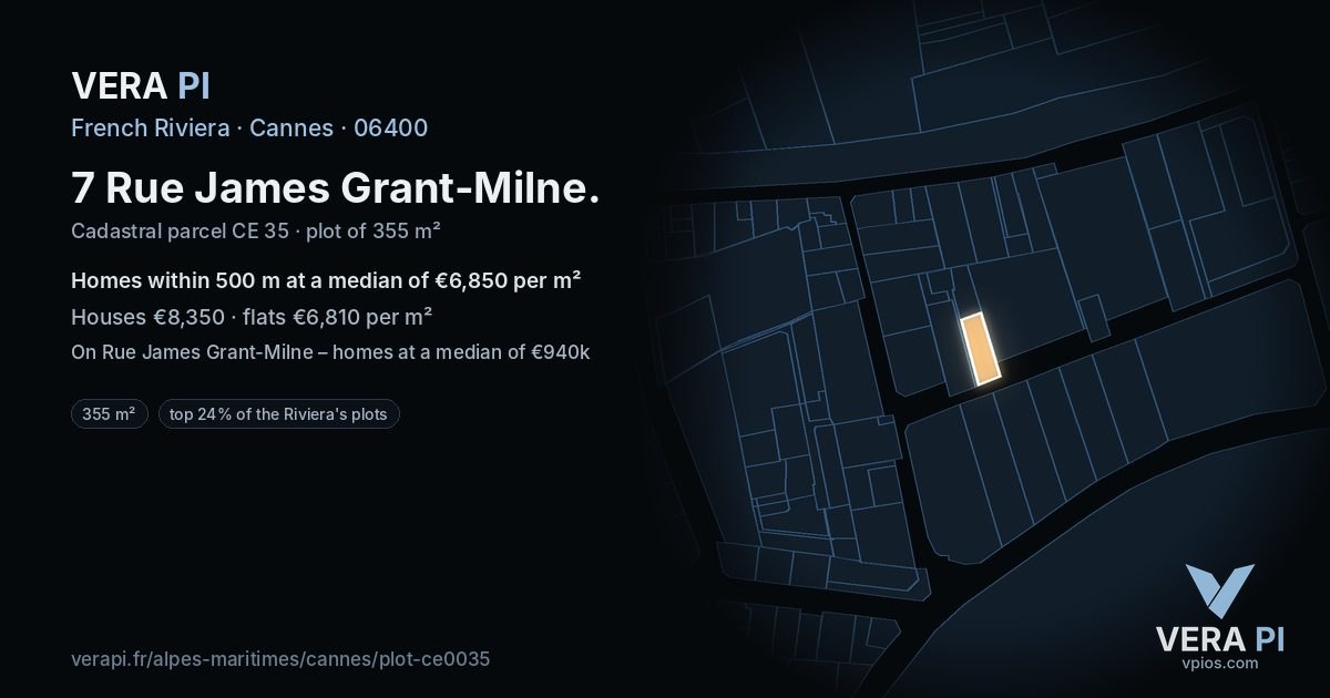 7 Rue James Grant-Milne, Cannes at night – the plot lit, the parcels around coloured by the prices near them