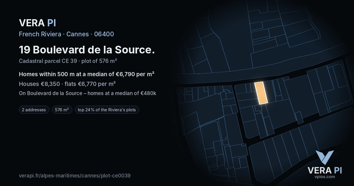 19 Boulevard de la Source, Cannes at night – the plot lit, the parcels around coloured by the prices near them