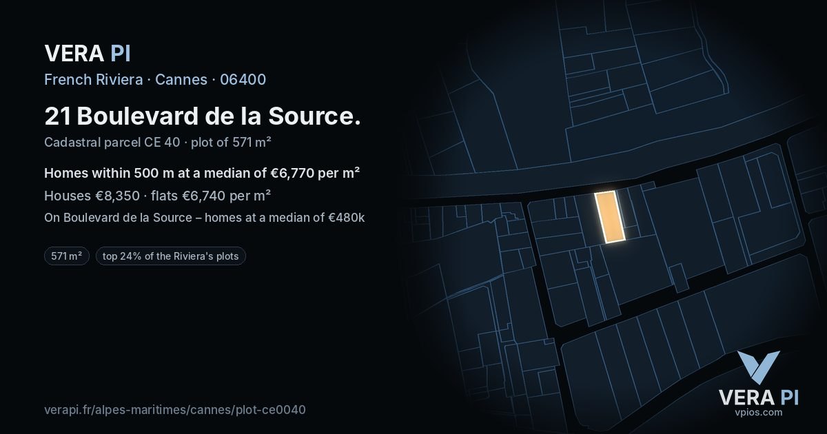 21 Boulevard de la Source, Cannes at night – the plot lit, the parcels around coloured by the prices near them