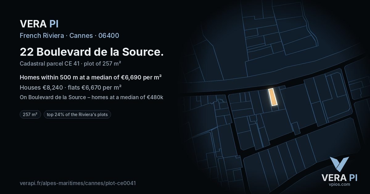 22 Boulevard de la Source, Cannes at night – the plot lit, the parcels around coloured by the prices near them