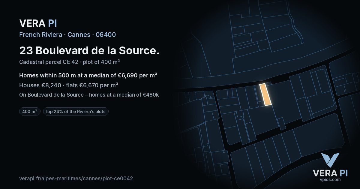 23 Boulevard de la Source, Cannes at night – the plot lit, the parcels around coloured by the prices near them