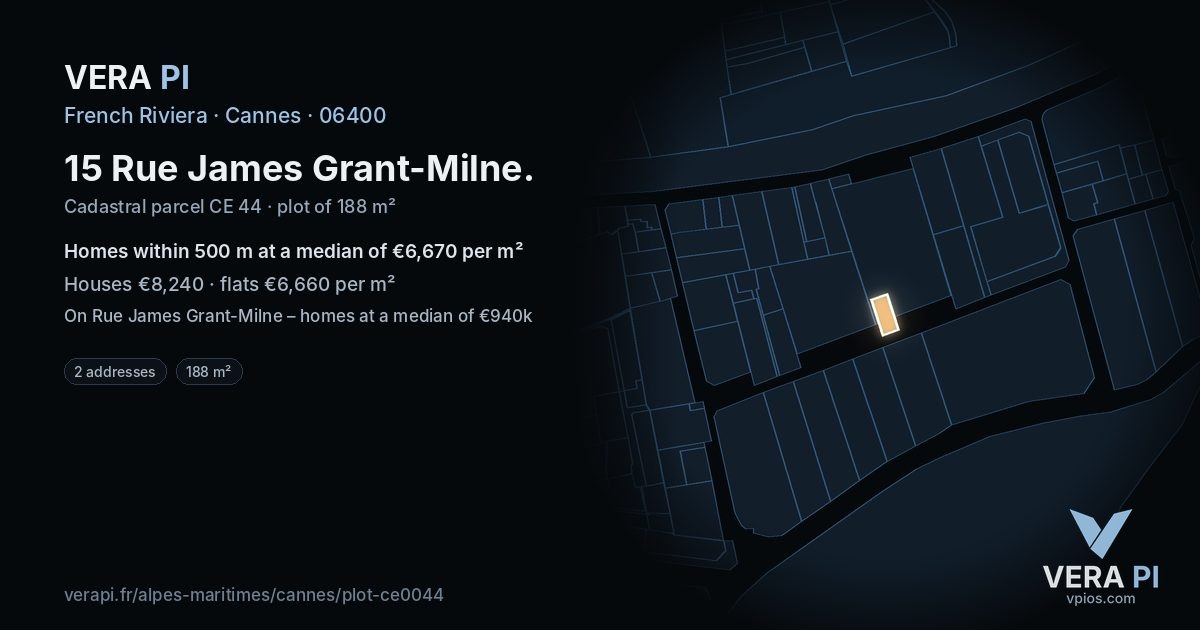 15 Rue James Grant-Milne, Cannes at night – the plot lit, the parcels around coloured by the prices near them