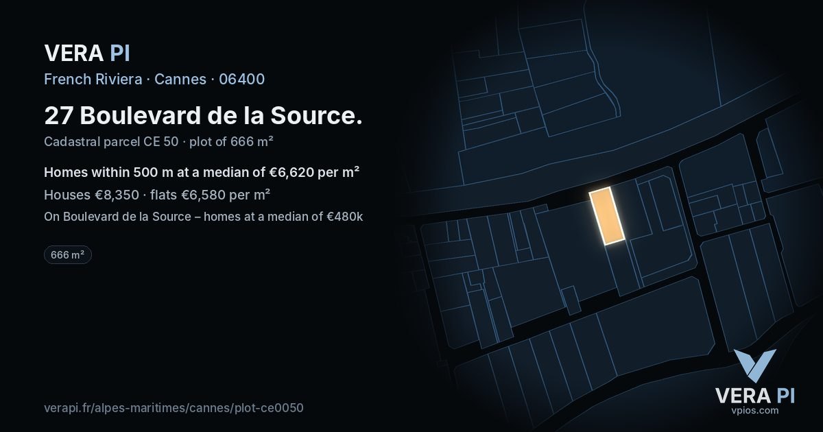 27 Boulevard de la Source, Cannes at night – the plot lit, the parcels around coloured by the prices near them