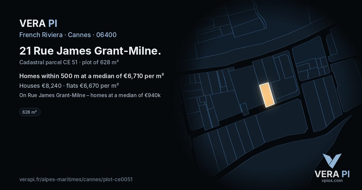 21 Rue James Grant-Milne, Cannes at night – the plot lit, the parcels around coloured by the prices near them