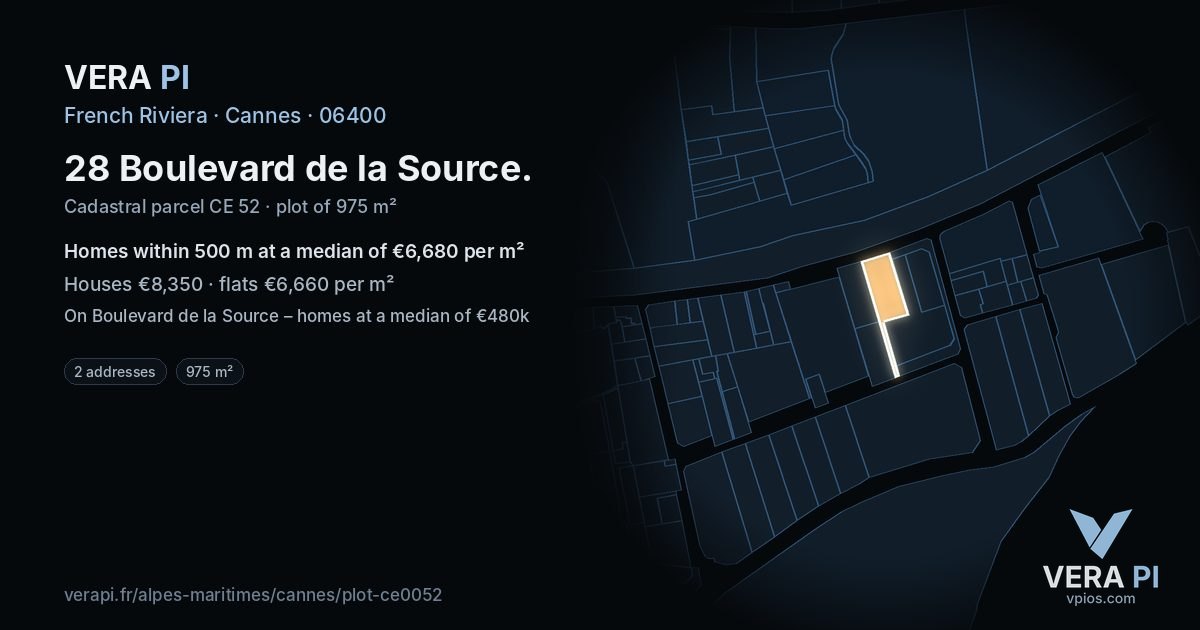 28 Boulevard de la Source, Cannes at night – the plot lit, the parcels around coloured by the prices near them