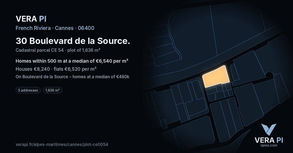 30 Boulevard de la Source, Cannes at night – the plot lit, the parcels around coloured by the prices near them
