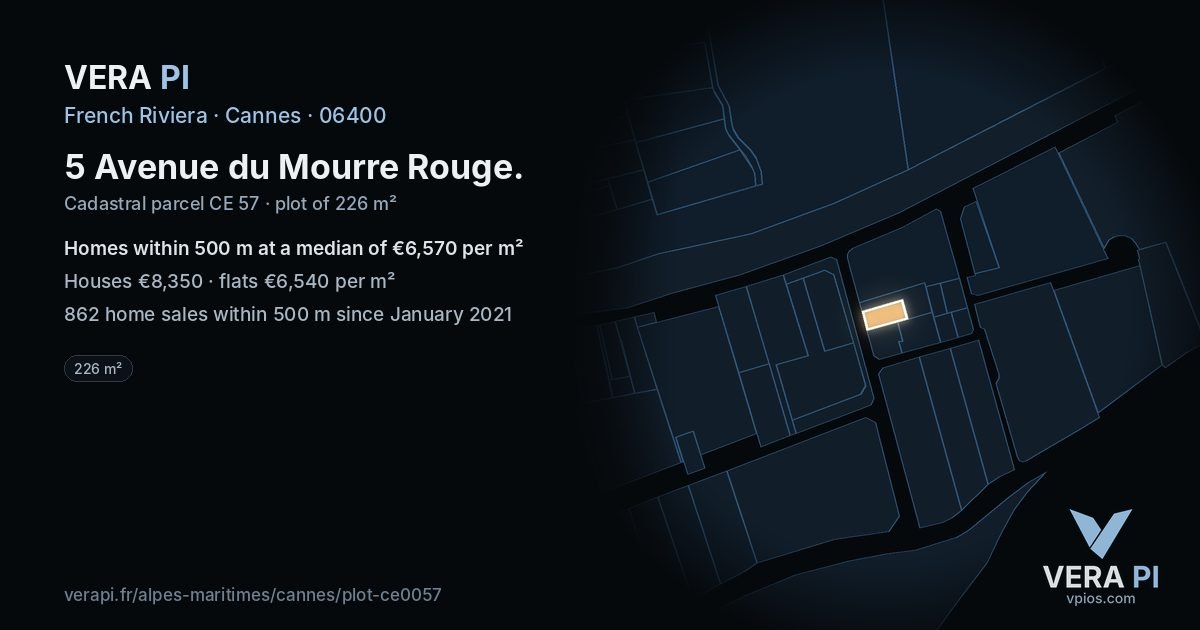 5 Avenue du Mourre Rouge, Cannes at night – the plot lit, the parcels around coloured by the prices near them