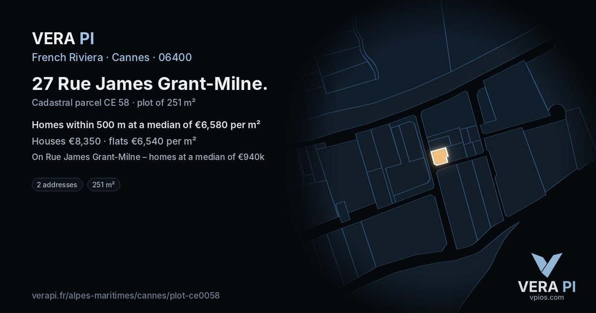 27 Rue James Grant-Milne, Cannes at night – the plot lit, the parcels around coloured by the prices near them