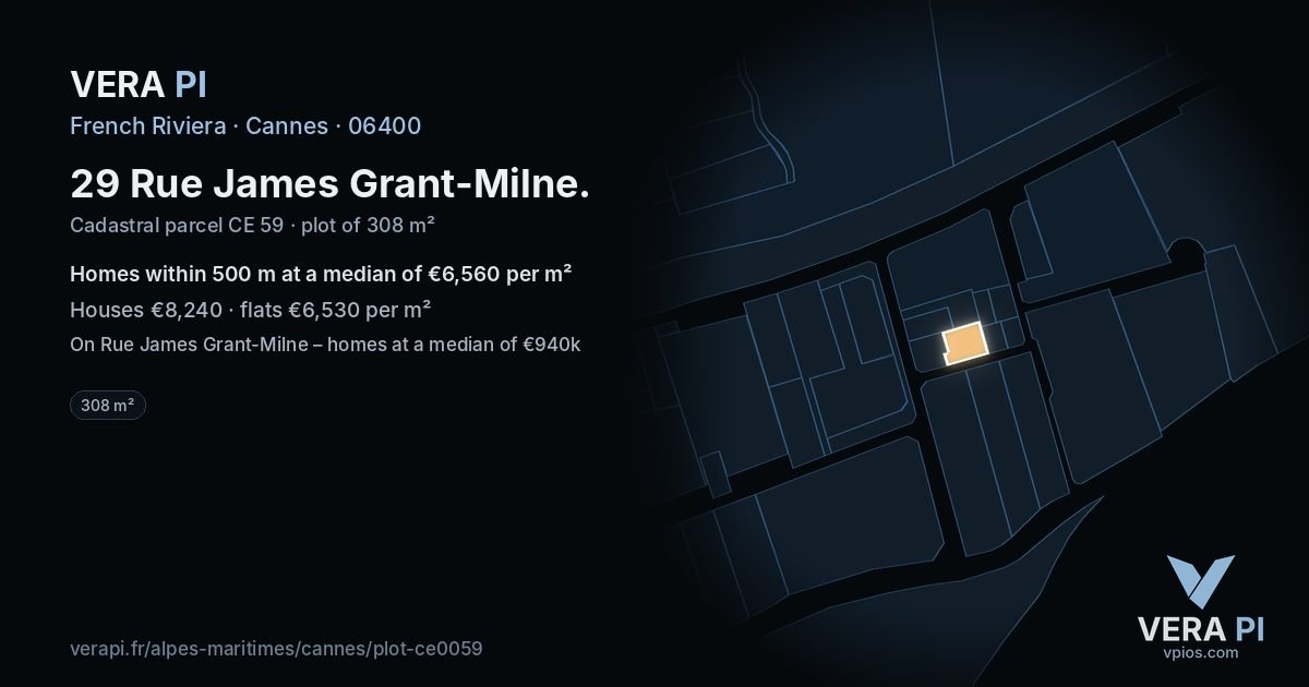 29 Rue James Grant-Milne, Cannes at night – the plot lit, the parcels around coloured by the prices near them