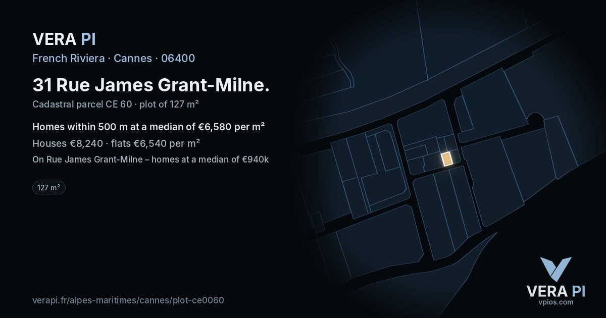 31 Rue James Grant-Milne, Cannes at night – the plot lit, the parcels around coloured by the prices near them