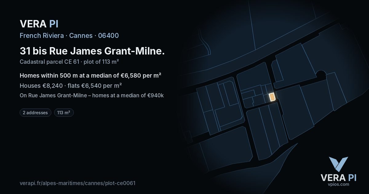 31 bis Rue James Grant-Milne, Cannes at night – the plot lit, the parcels around coloured by the prices near them