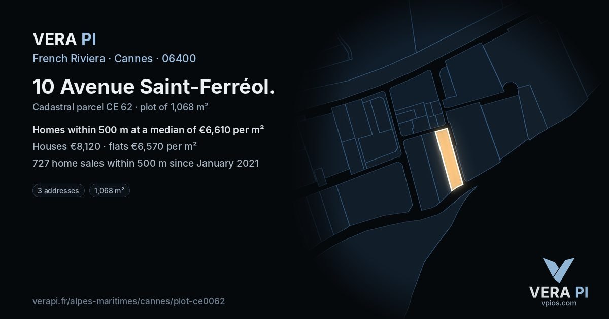 10 Avenue Saint-Ferréol, Cannes at night – the plot lit, the parcels around coloured by the prices near them