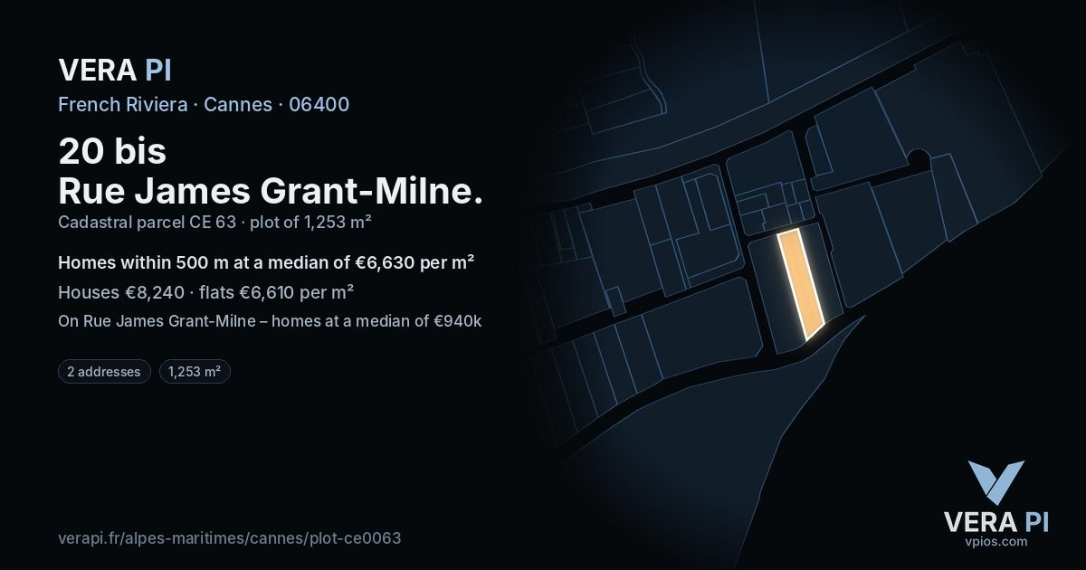 20 bis Rue James Grant-Milne, Cannes at night – the plot lit, the parcels around coloured by the prices near them