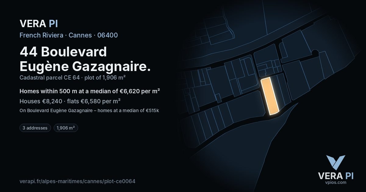 44 Boulevard Eugène Gazagnaire, Cannes at night – the plot lit, the parcels around coloured by the prices near them