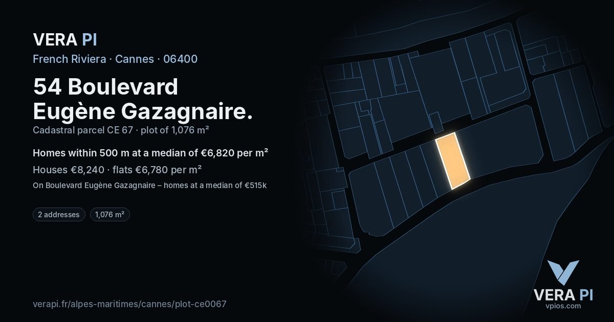 54 Boulevard Eugène Gazagnaire, Cannes at night – the plot lit, the parcels around coloured by the prices near them