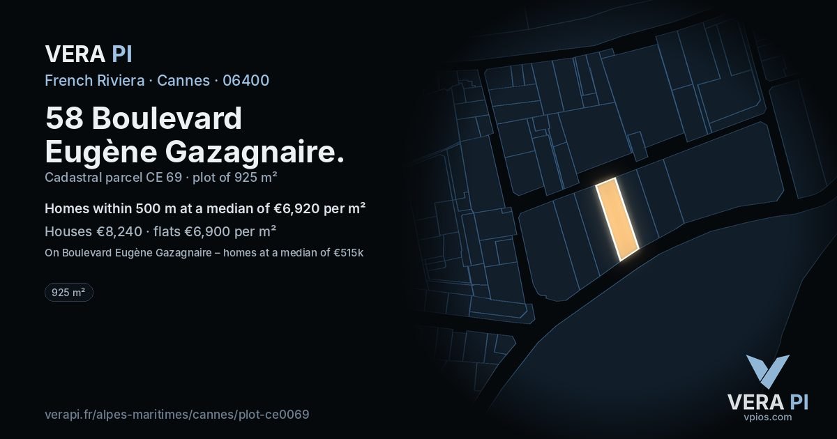 58 Boulevard Eugène Gazagnaire, Cannes at night – the plot lit, the parcels around coloured by the prices near them