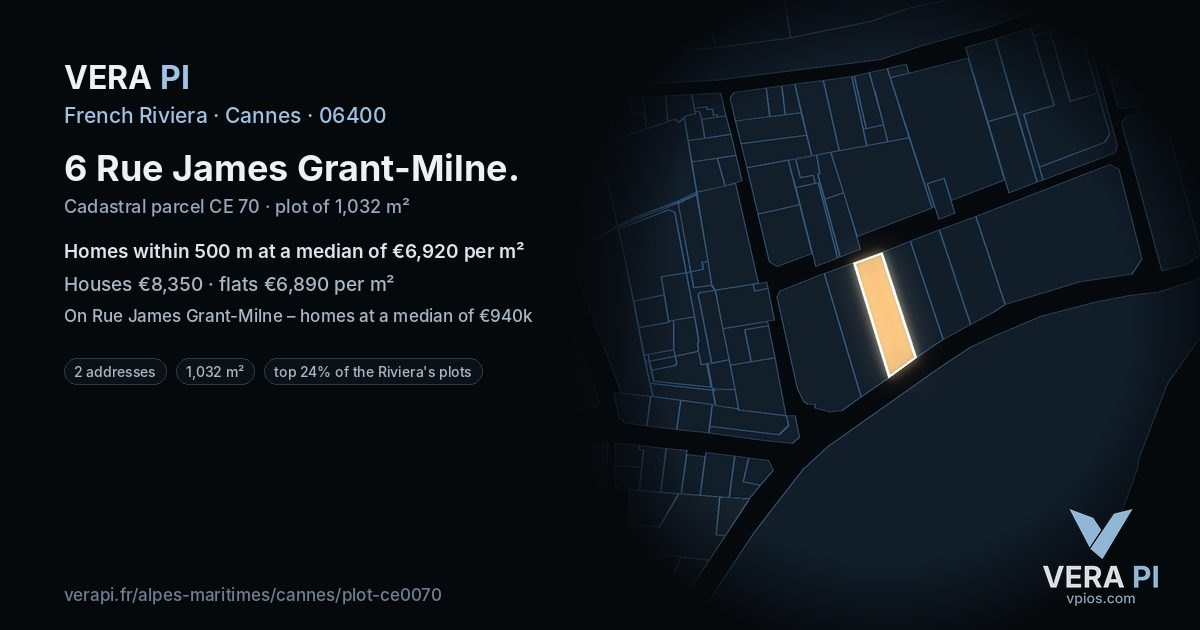 6 Rue James Grant-Milne, Cannes at night – the plot lit, the parcels around coloured by the prices near them