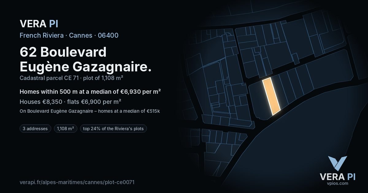 62 Boulevard Eugène Gazagnaire, Cannes at night – the plot lit, the parcels around coloured by the prices near them