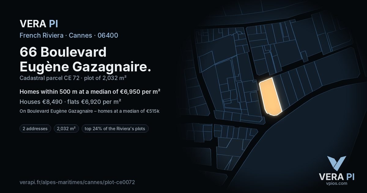 66 Boulevard Eugène Gazagnaire, Cannes at night – the plot lit, the parcels around coloured by the prices near them
