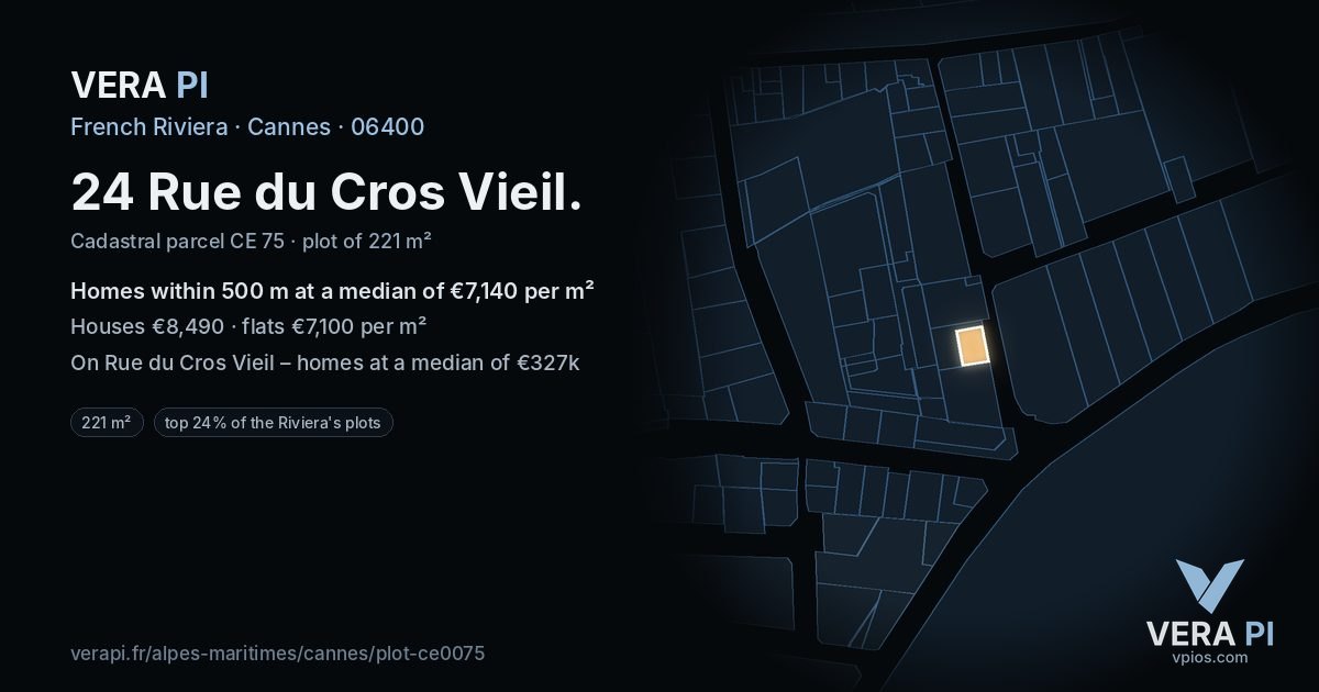 24 Rue du Cros Vieil, Cannes at night – the plot lit, the parcels around coloured by the prices near them