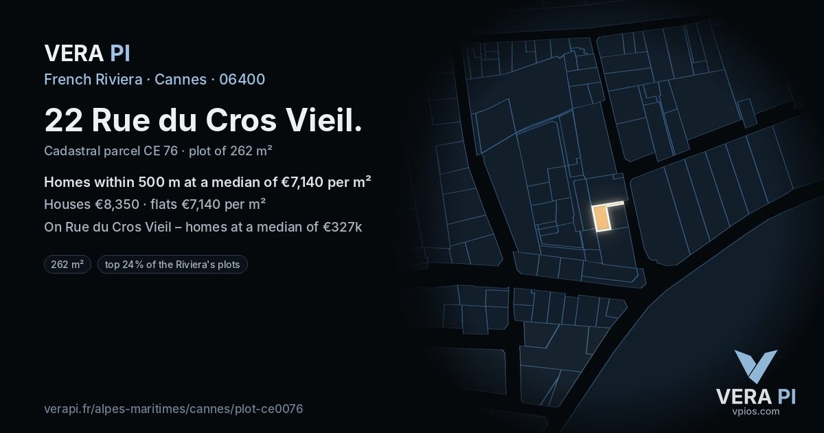22 Rue du Cros Vieil, Cannes at night – the plot lit, the parcels around coloured by the prices near them