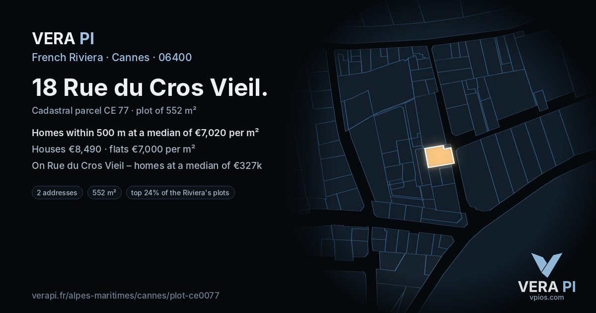 18 Rue du Cros Vieil, Cannes at night – the plot lit, the parcels around coloured by the prices near them