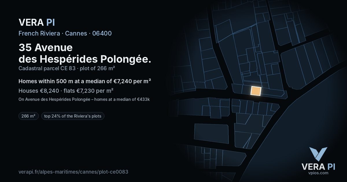 35 Avenue des Hespérides Polongée, Cannes at night – the plot lit, the parcels around coloured by the prices near them