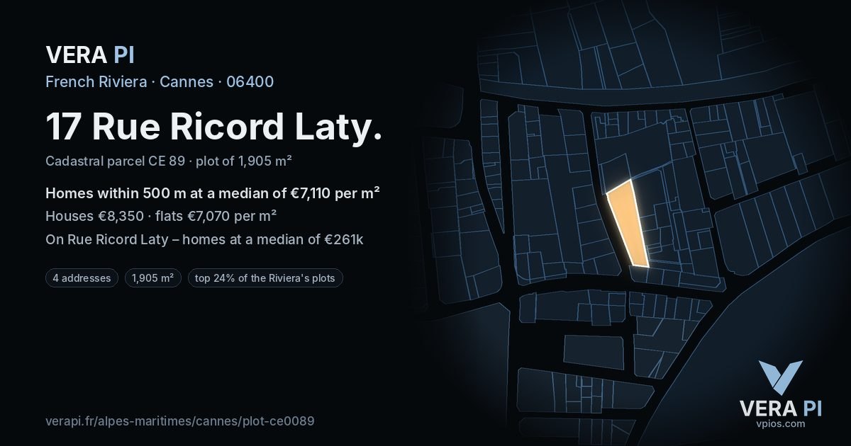 17 Rue Ricord Laty, Cannes at night – the plot lit, the parcels around coloured by the prices near them