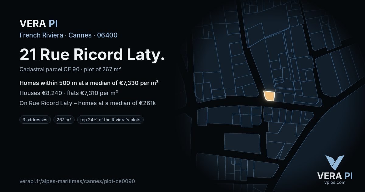 21 Rue Ricord Laty, Cannes at night – the plot lit, the parcels around coloured by the prices near them