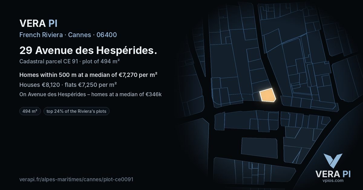 29 Avenue des Hespérides, Cannes at night – the plot lit, the parcels around coloured by the prices near them