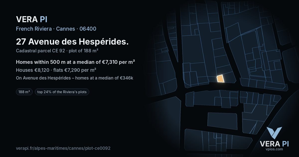 27 Avenue des Hespérides, Cannes at night – the plot lit, the parcels around coloured by the prices near them