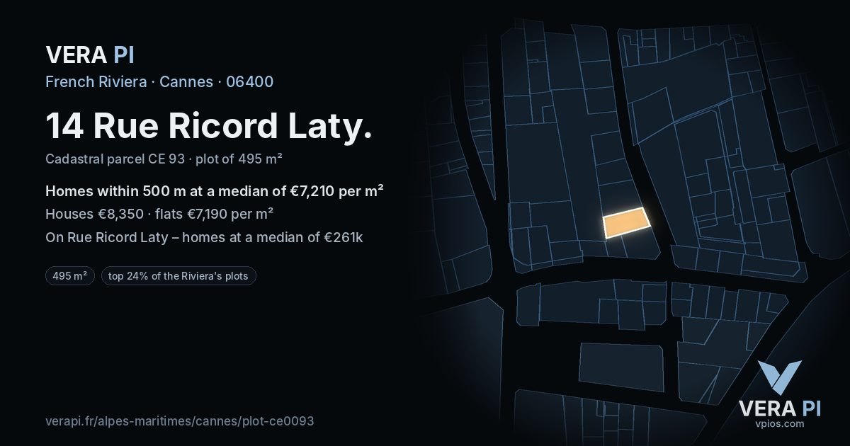 14 Rue Ricord Laty, Cannes at night – the plot lit, the parcels around coloured by the prices near them