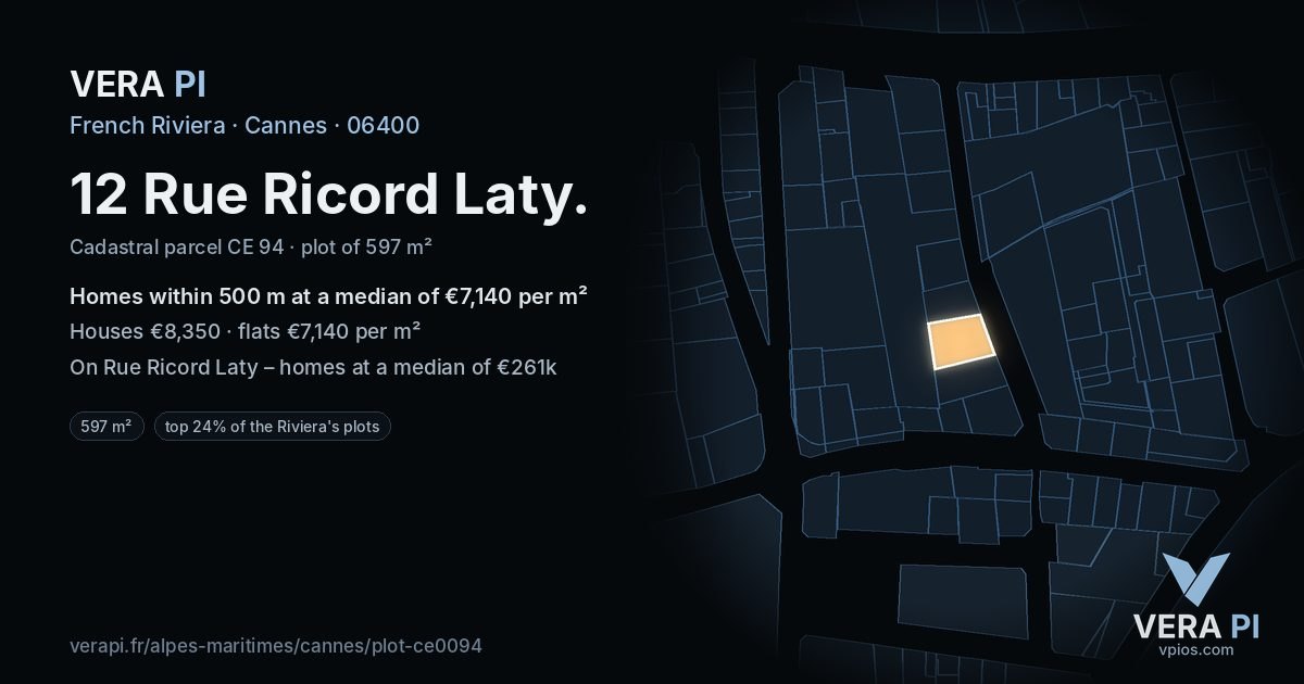 12 Rue Ricord Laty, Cannes at night – the plot lit, the parcels around coloured by the prices near them