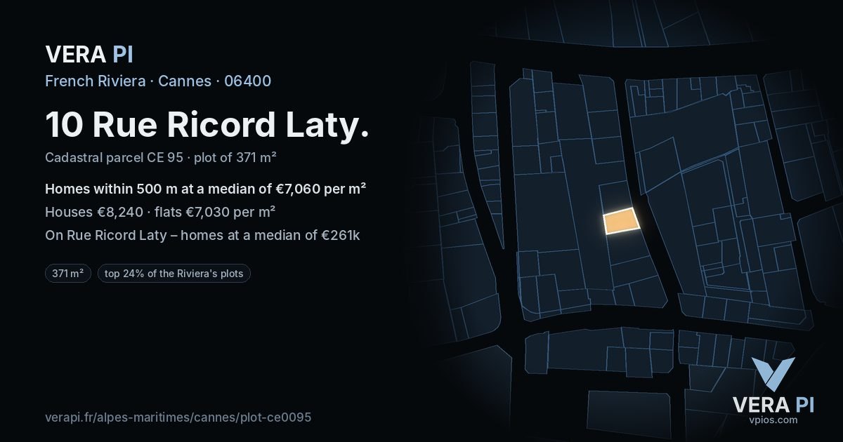 10 Rue Ricord Laty, Cannes at night – the plot lit, the parcels around coloured by the prices near them