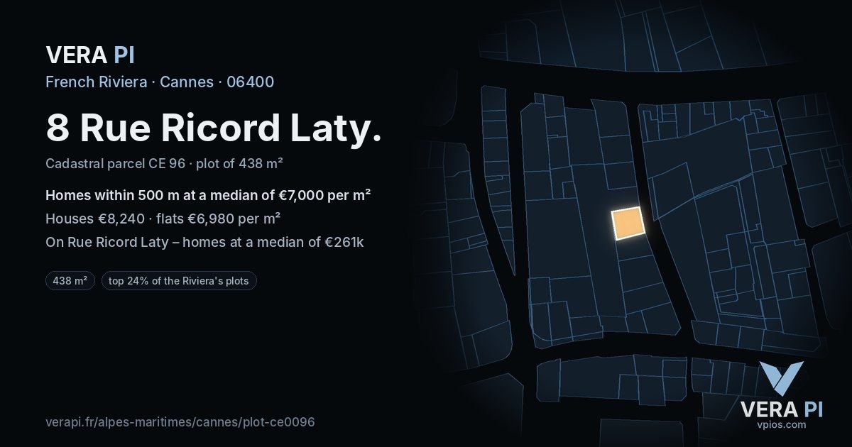 8 Rue Ricord Laty, Cannes at night – the plot lit, the parcels around coloured by the prices near them