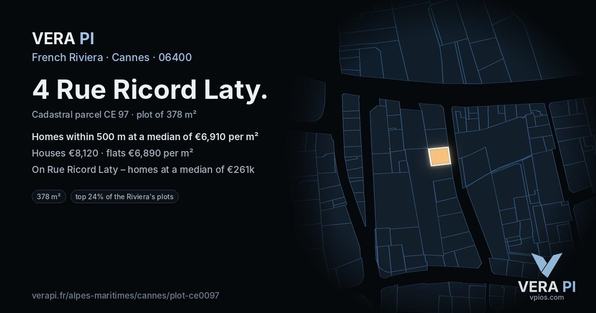4 Rue Ricord Laty, Cannes at night – the plot lit, the parcels around coloured by the prices near them