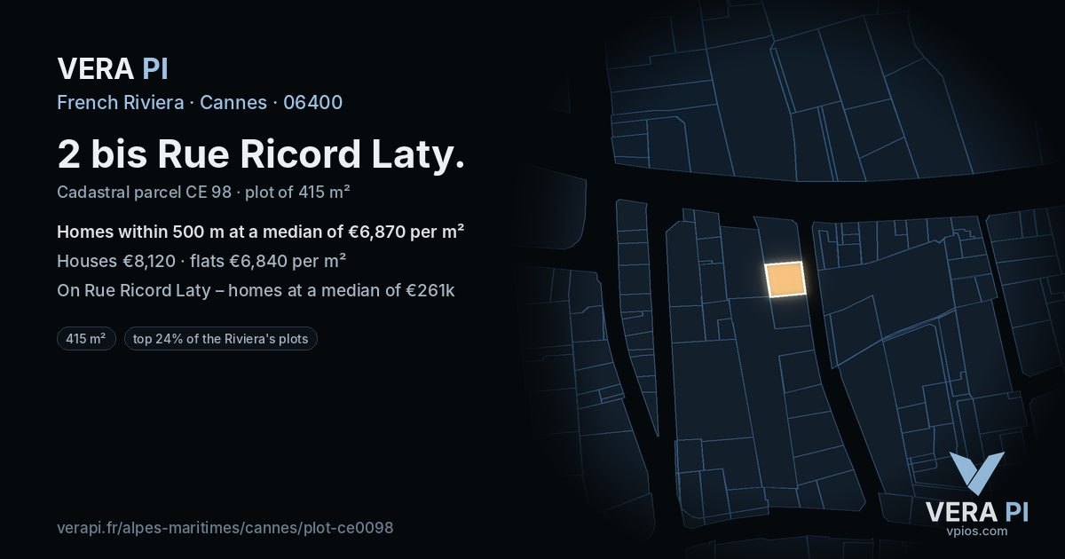 2 bis Rue Ricord Laty, Cannes at night – the plot lit, the parcels around coloured by the prices near them