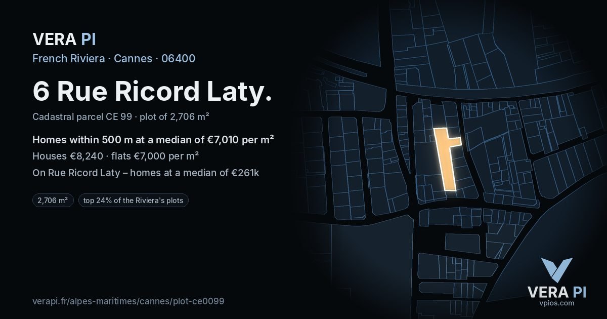 6 Rue Ricord Laty, Cannes at night – the plot lit, the parcels around coloured by the prices near them