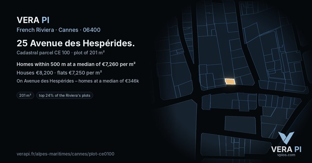 25 Avenue des Hespérides, Cannes at night – the plot lit, the parcels around coloured by the prices near them