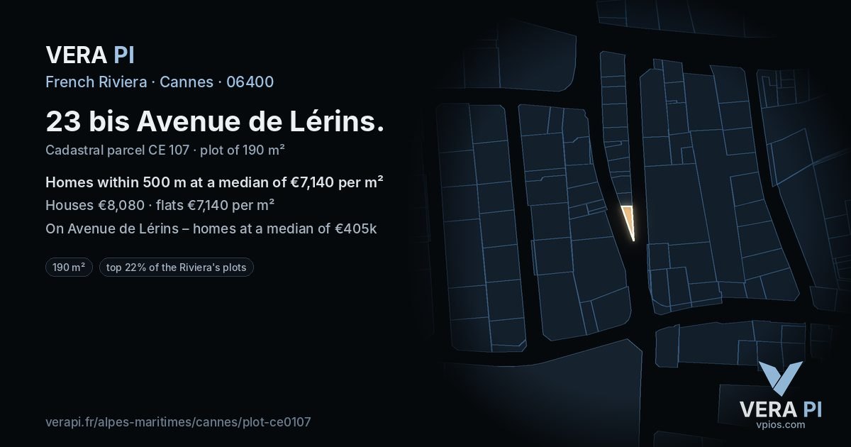 23 bis Avenue de Lérins, Cannes at night – the plot lit, the parcels around coloured by the prices near them