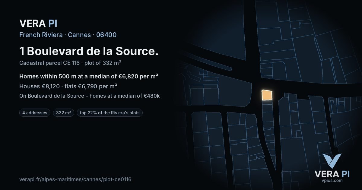 1 Boulevard de la Source, Cannes at night – the plot lit, the parcels around coloured by the prices near them