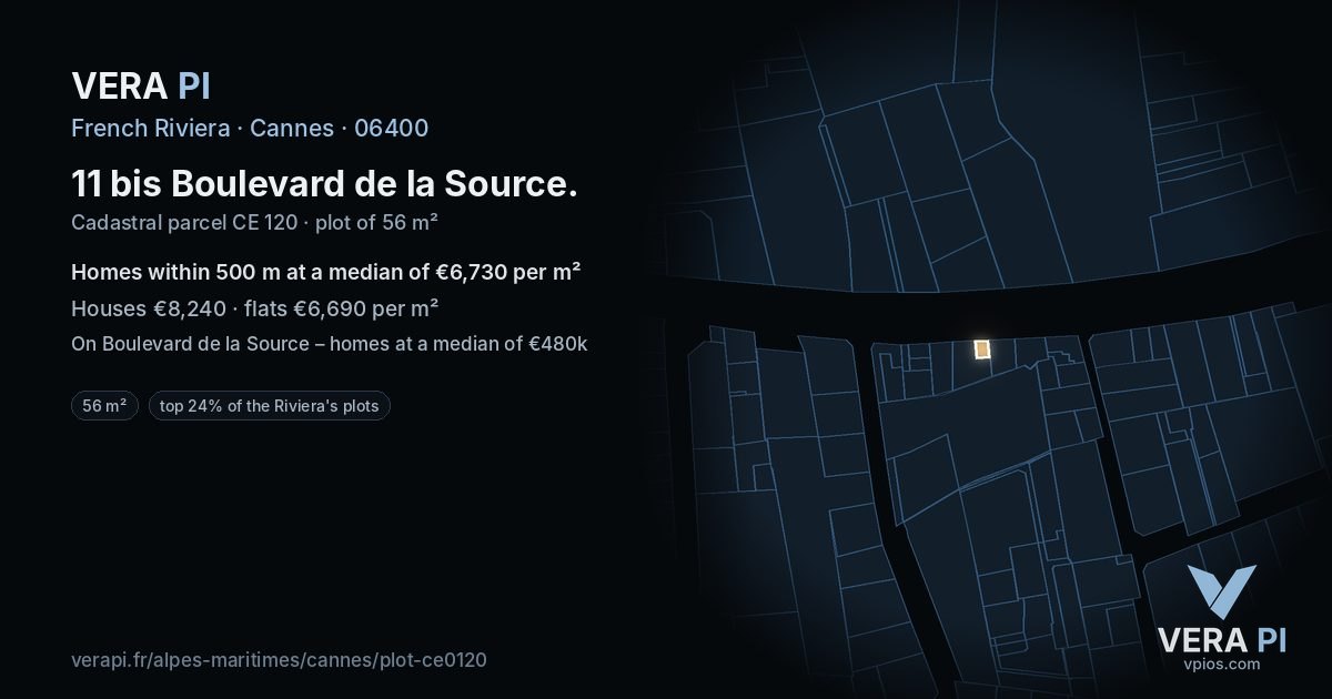 11 bis Boulevard de la Source, Cannes at night – the plot lit, the parcels around coloured by the prices near them