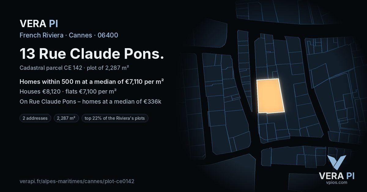 13 Rue Claude Pons, Cannes at night – the plot lit, the parcels around coloured by the prices near them