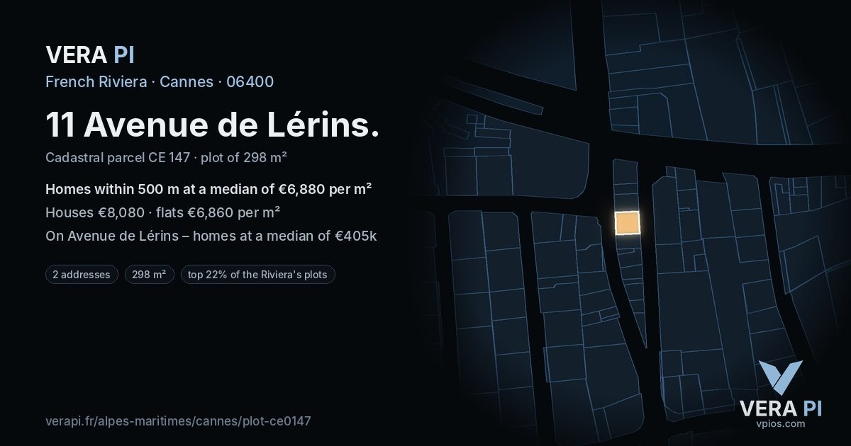 11 Avenue de Lérins, Cannes at night – the plot lit, the parcels around coloured by the prices near them