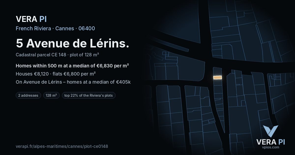 5 Avenue de Lérins, Cannes at night – the plot lit, the parcels around coloured by the prices near them