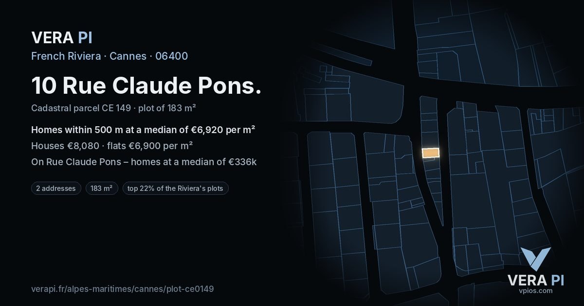 10 Rue Claude Pons, Cannes at night – the plot lit, the parcels around coloured by the prices near them