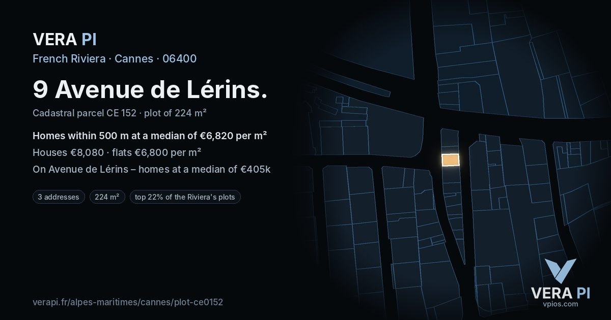 9 Avenue de Lérins, Cannes at night – the plot lit, the parcels around coloured by the prices near them