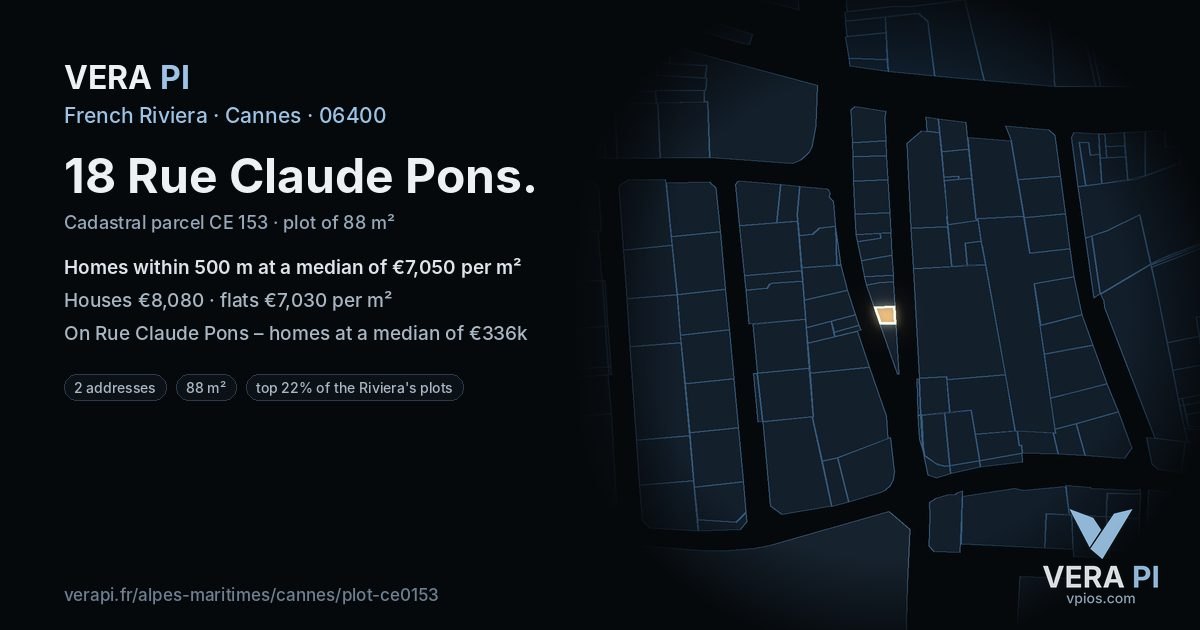 18 Rue Claude Pons, Cannes at night – the plot lit, the parcels around coloured by the prices near them